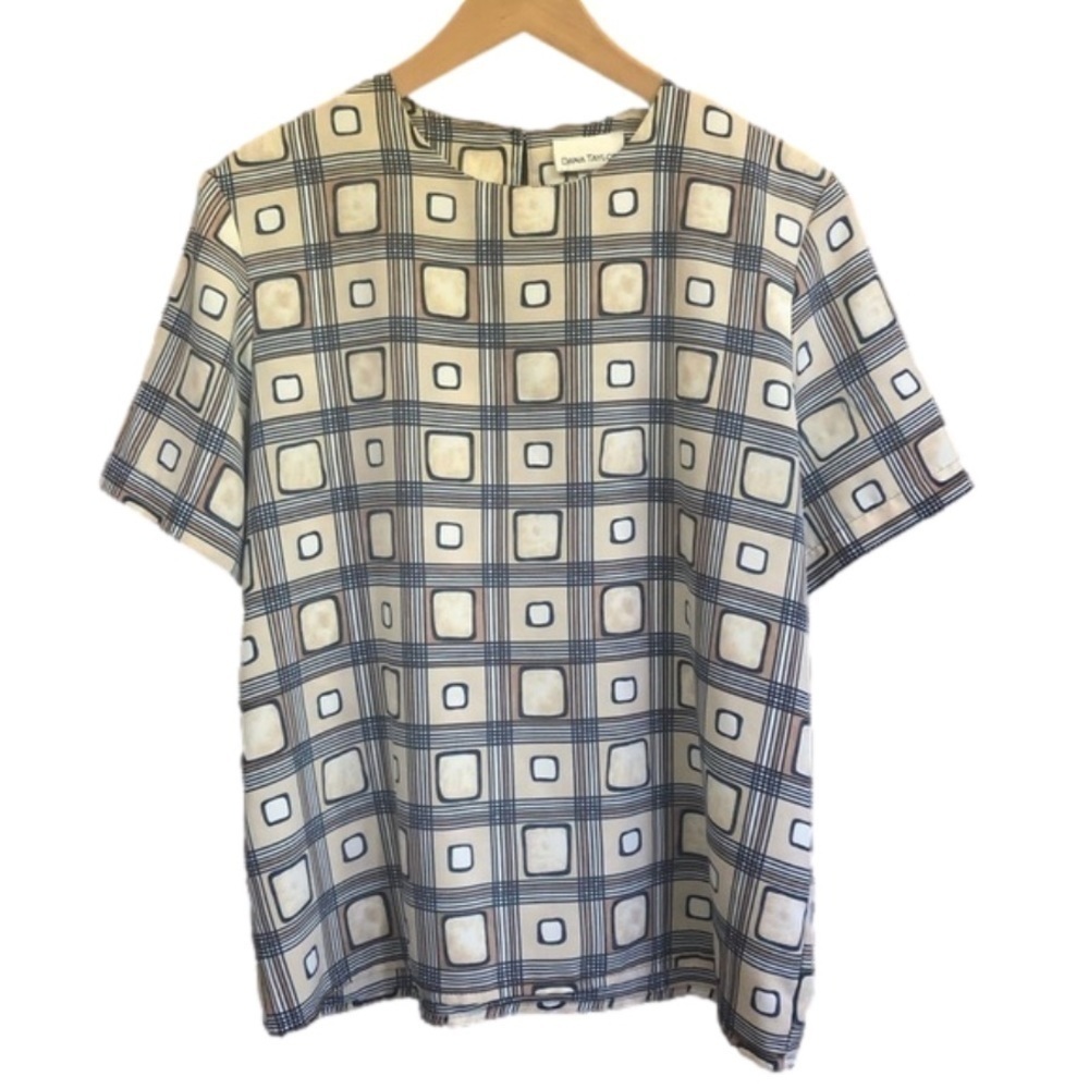 Vintage Dana Taylor keyhole back silky art deco geometric printed blouse size M